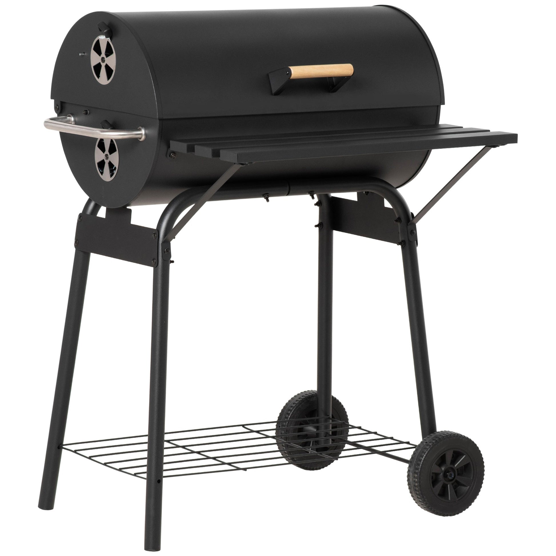 Outsunny black barrel charcoal grill on steel stand with wood lid handle and wheels on Tampa Home & Garden Store