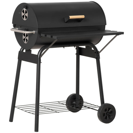 Outsunny black barrel charcoal grill on steel stand with wood lid handle and wheels on Tampa Home & Garden Store