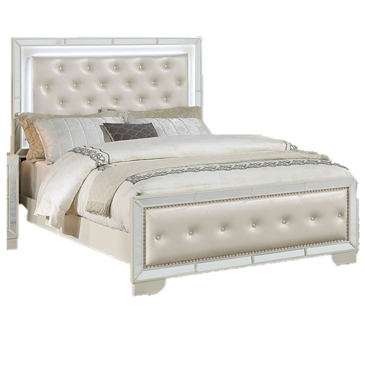 3 Piece Bedroom Set LED headboard, cream upholstery, mirrored frame, 2 nightstands on Tampa Home & Garden Store