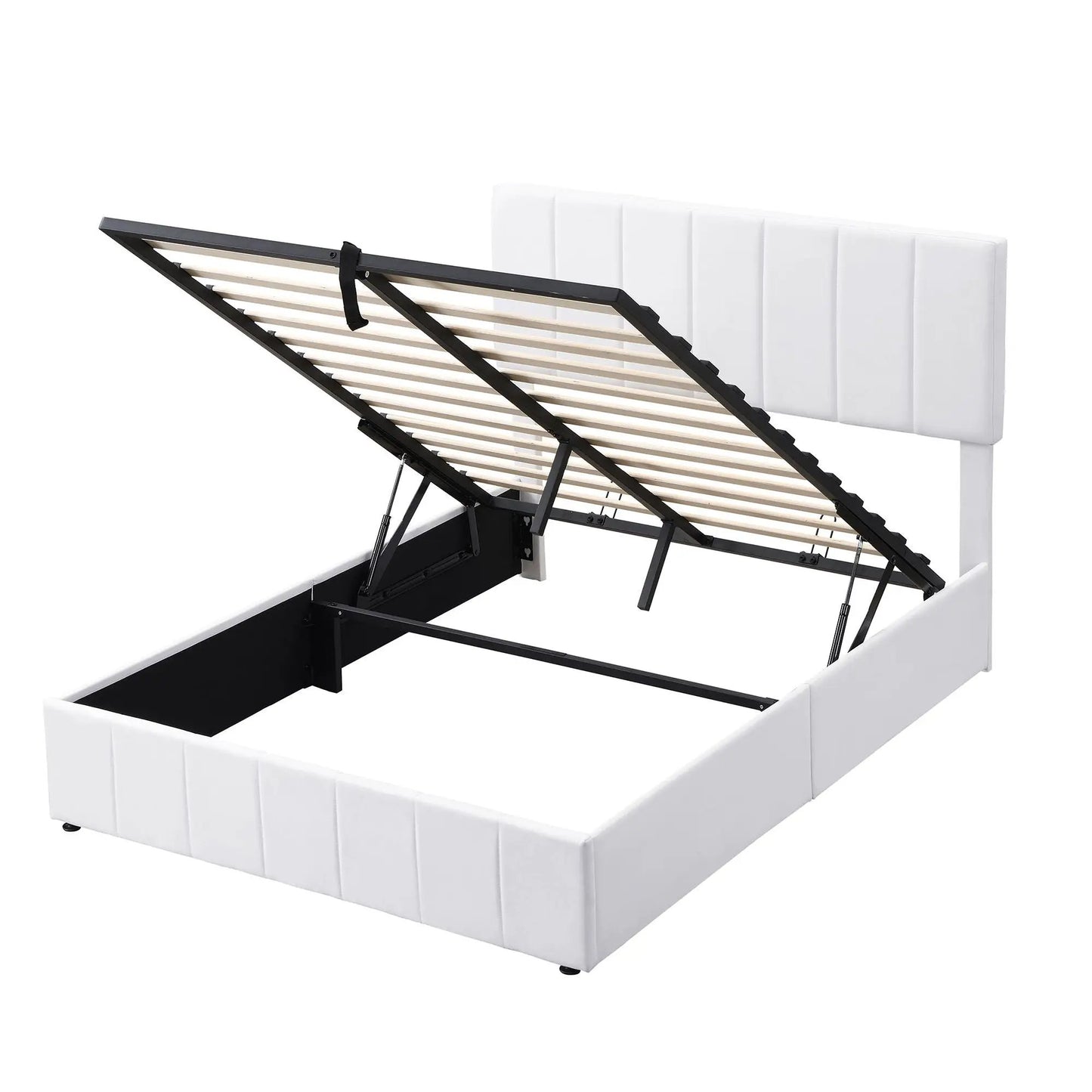 Elegant upholstered platform bed with hydraulic storage system, white headboard, black metal frame on Tampa Home & Garden Store