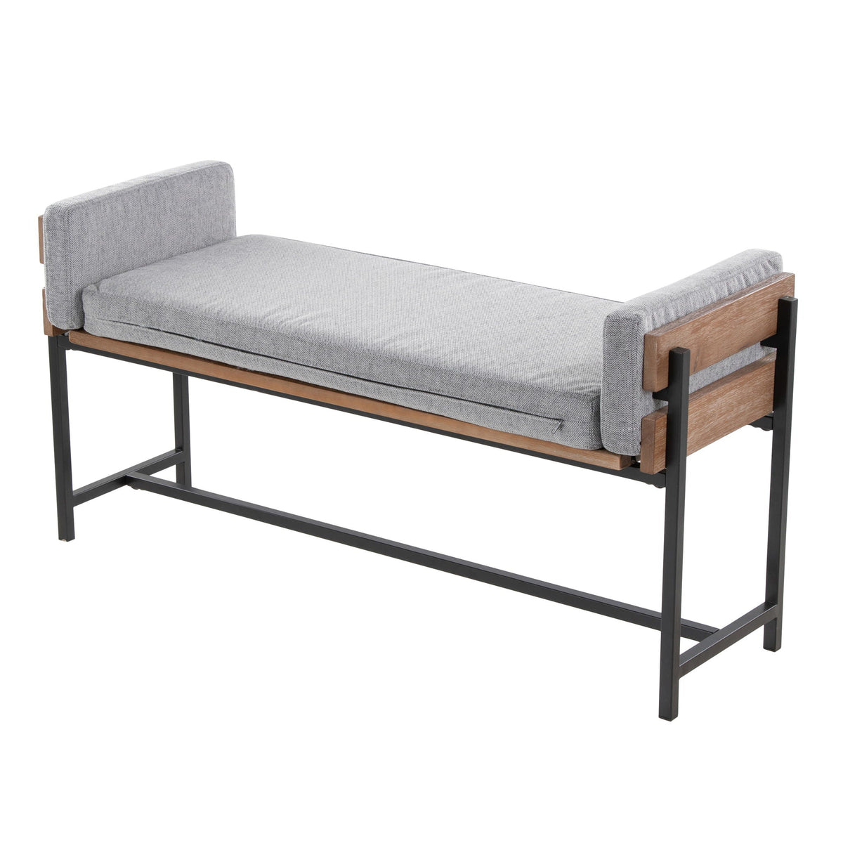 Upholstered bench from HouseOfZazla with wood panel accent in light gray fabric, black legs on Tampa Home & Garden Store