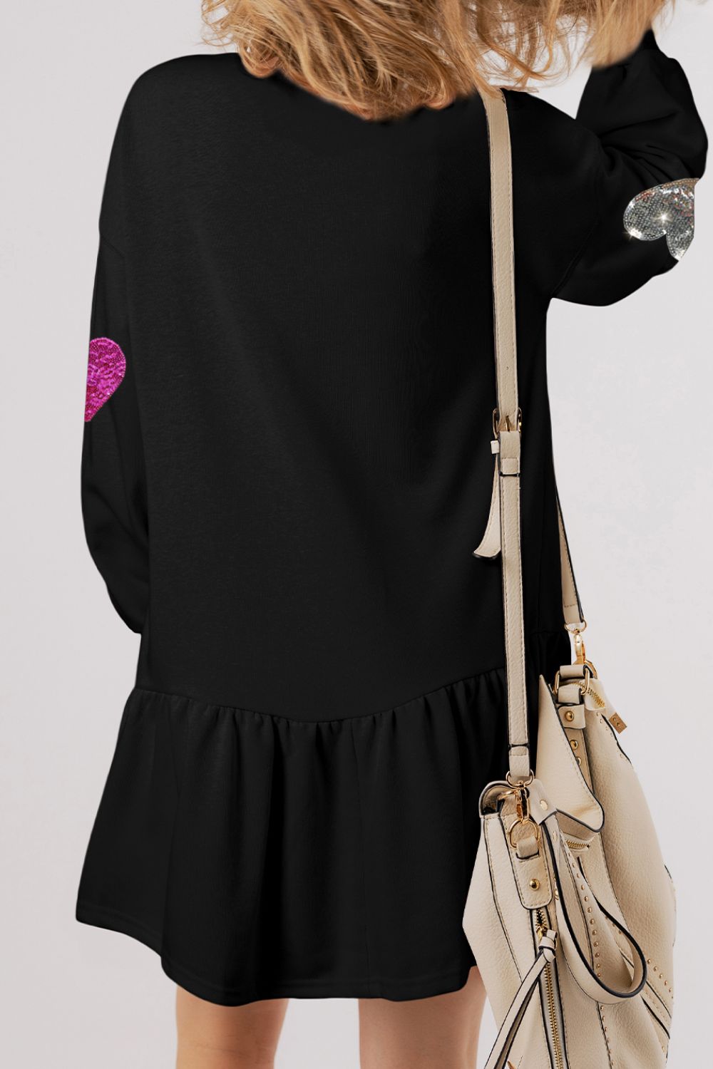 Cute Heart Round Neck Long Sleeve Mini Dress in black with pink sequin heart patch, ruffled hem on Tampa Home & Garden Store