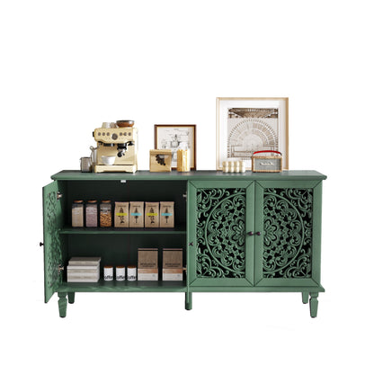 60-inch antique buffet cabinet with green finish and floral carvings on doors on Tampa Home & Garden Store