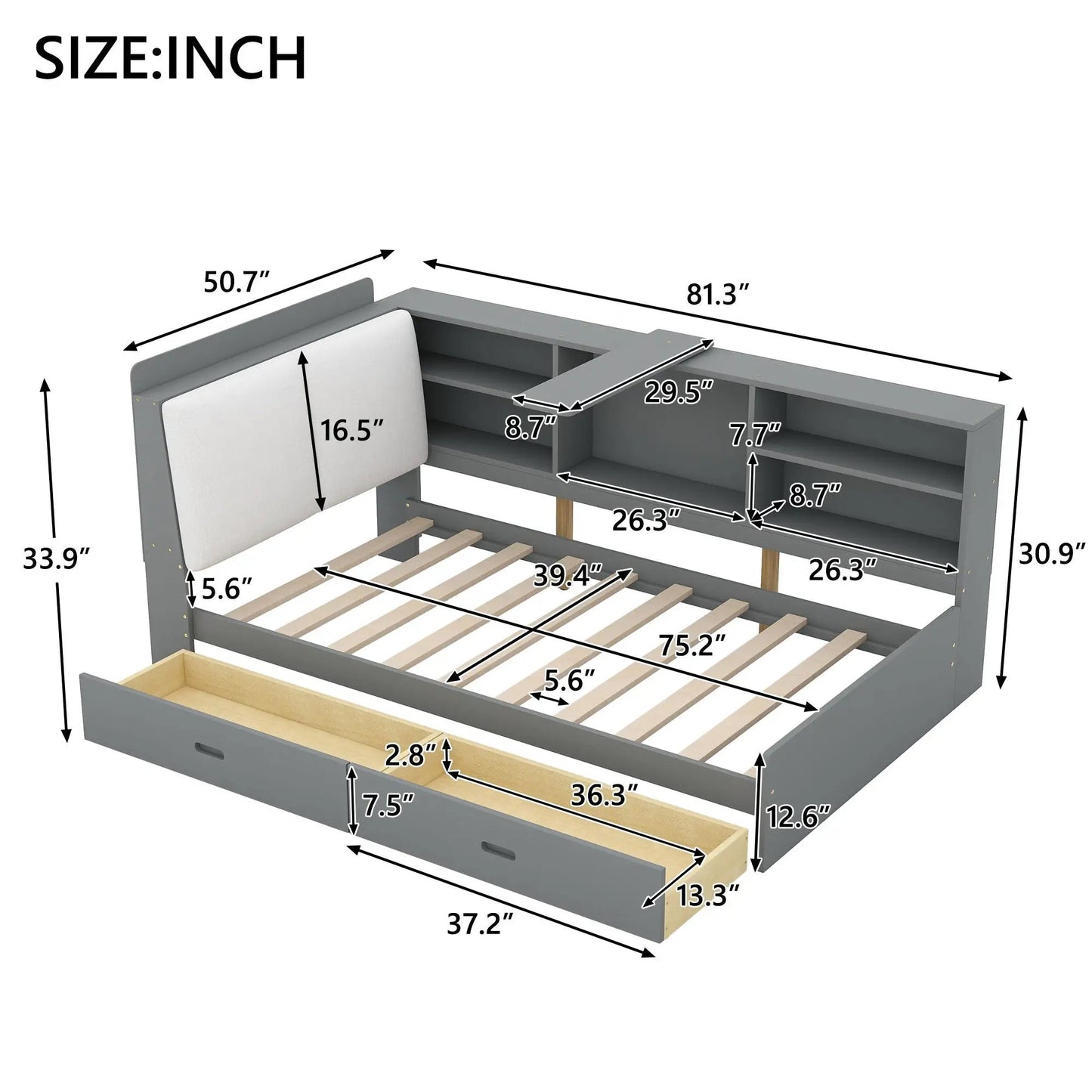 Platform bed with storage headboard, shelves and two drawers by Unique Piece Furniture on Tampa Home & Garden Store