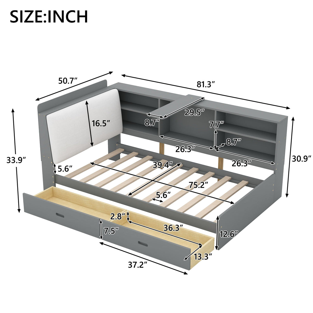 Platform bed with storage headboard, built-in shelves and 2 drawers in gray by HouseOfZazla on Tampa Home & Garden Store