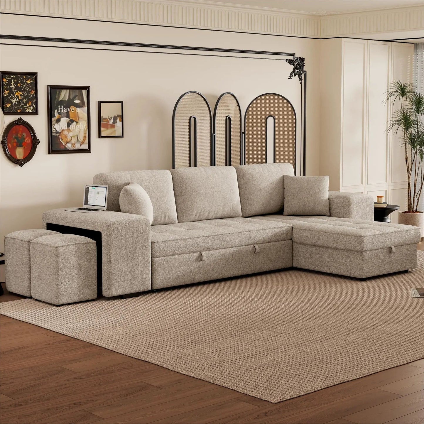 Modern L-Shape sleeper sectional with storage chaise and 2 stools in light gray on Tampa Home & Garden Store