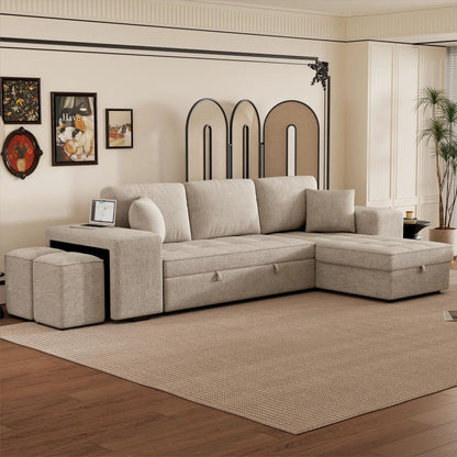 Modern L-Shape sleeper sectional with storage chaise and 2 stools in light gray on Tampa Home & Garden Store