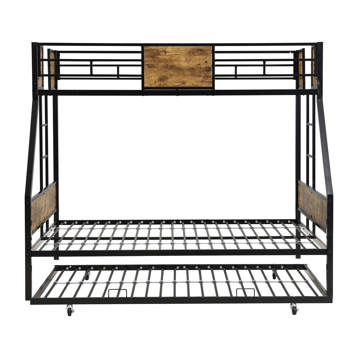 Modern black metal bunk bed frame with side ladders and guardrail, wood panel accents on Tampa Home & Garden Store
