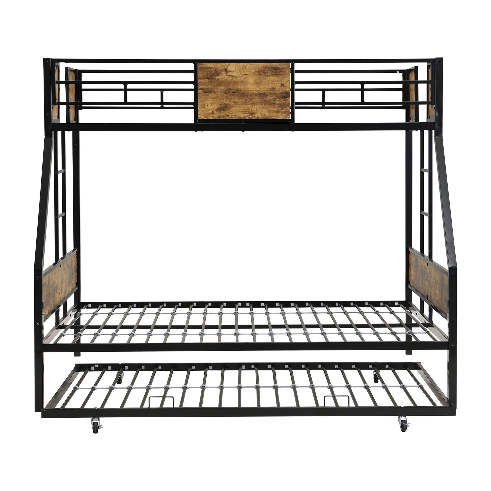 Modern black metal bunk bed frame with side ladders and guardrail, wood panel accents on Tampa Home & Garden Store