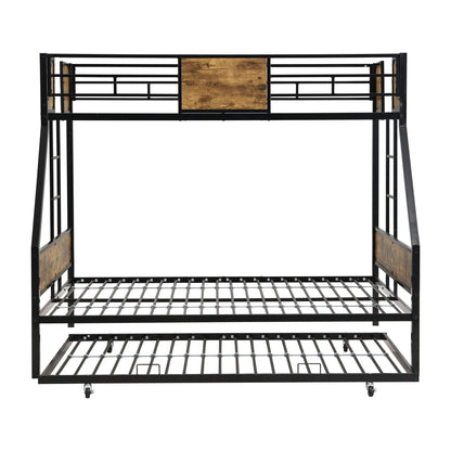 Modern black metal bunk bed frame with side ladders and guardrail, wood panel accents on Tampa Home & Garden Store