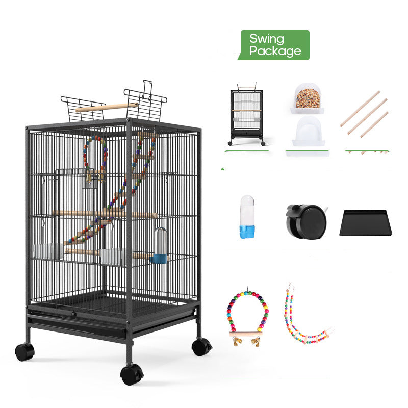 Parrot Xuanfeng bird cage with feeder and grass nest; black metal frame on wheels on Tampa Home & Garden Store