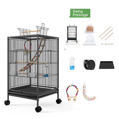 Parrot Xuanfeng bird cage with feeder and grass nest; black metal frame on wheels on Tampa Home & Garden Store