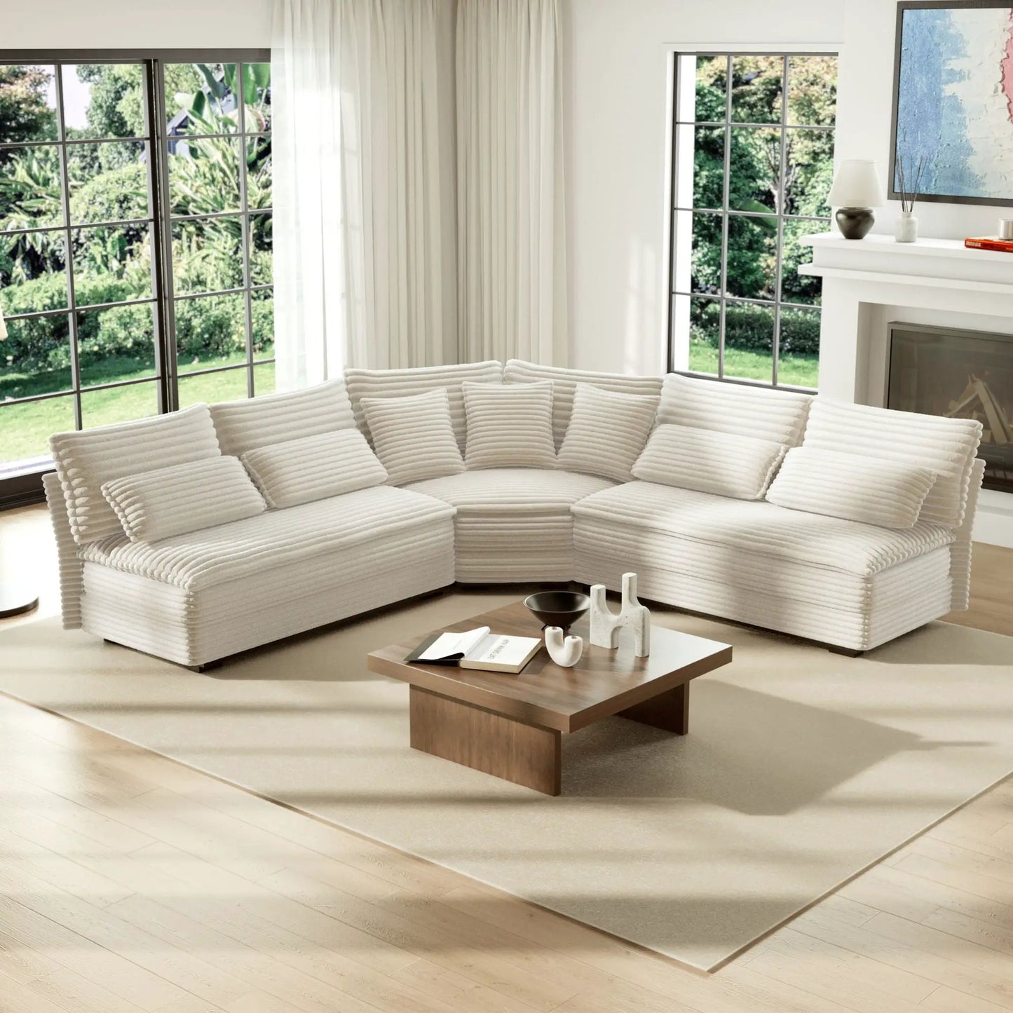 5 Seater L-shaped sectional sofa curved corner with 7 pillows, cream ribbed fabric, stationary on Tampa Home & Garden Store