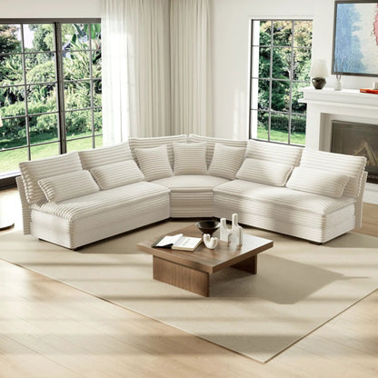 5 Seater L-shaped sectional sofa curved corner with 7 pillows, cream ribbed fabric, stationary on Tampa Home & Garden Store