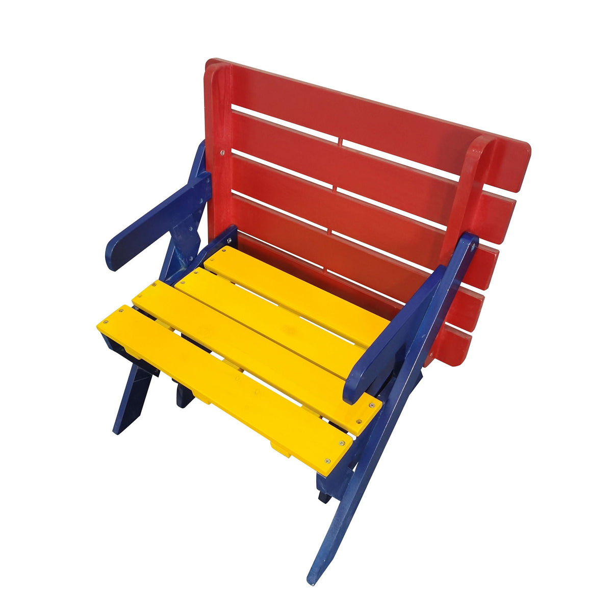 Solid Wood Kids 3-Piece Outdoor Set with red benches, yellow seats on blue frame HouseOfZazla on Tampa Home & Garden Store