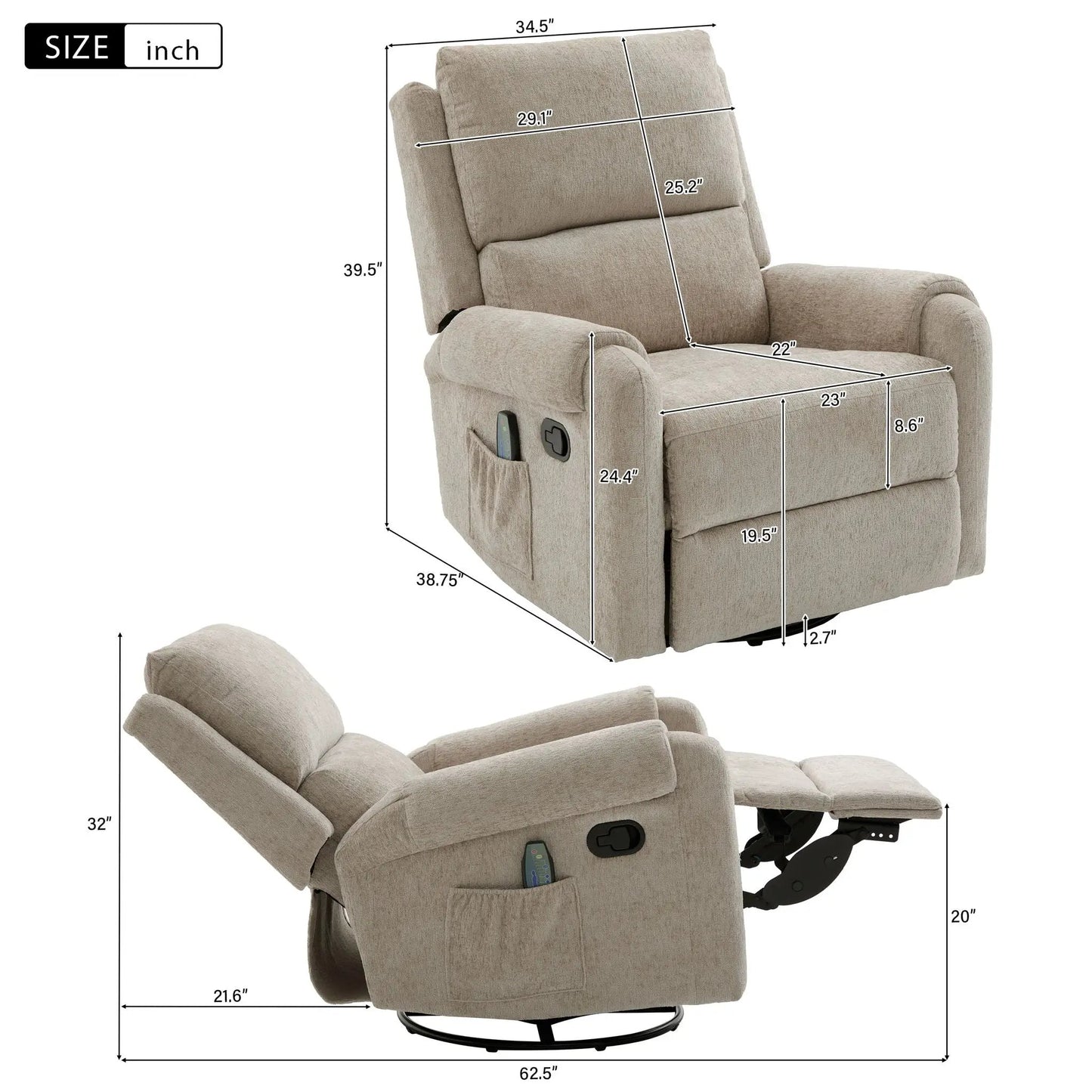 Manual recliner massage chair beige with swivel rocker, 8 massage modes, side pocket by Unique Piece on Tampa Home & Garden Store