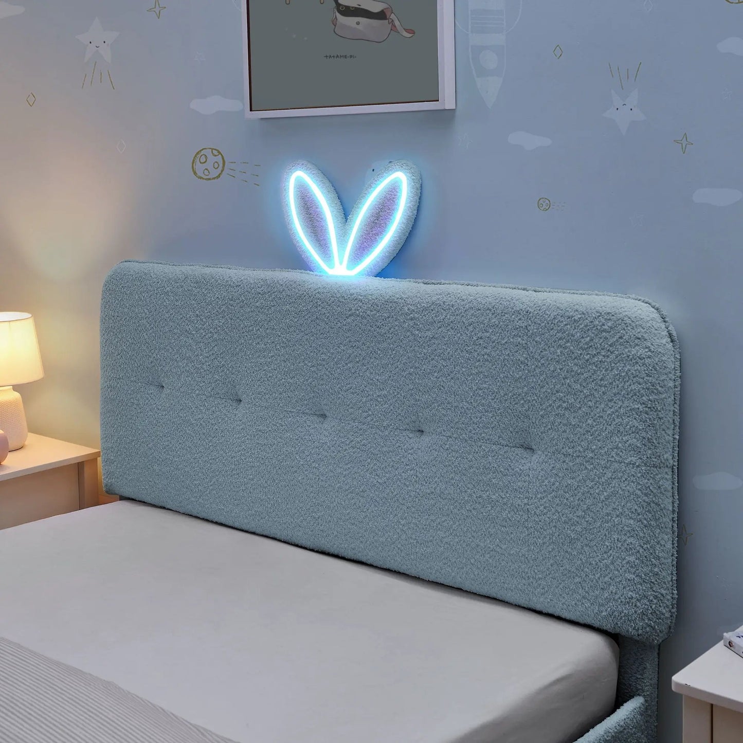 Upholstered Bed with Rabbit Ear Headboard and LED