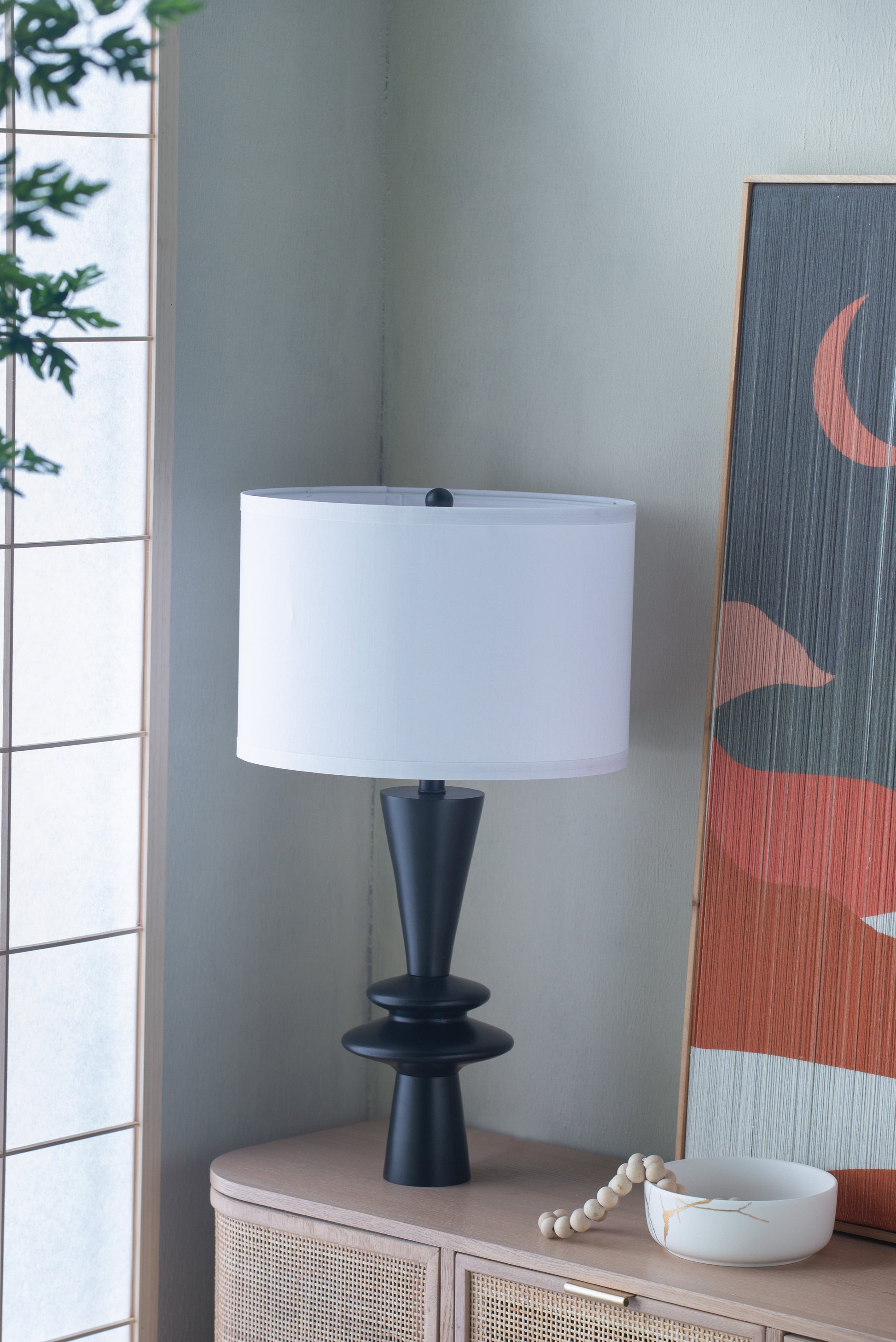 Table lamp D15x26.7in by HouseOfZazla with black tapered base and white drum shade on Tampa Home & Garden Store