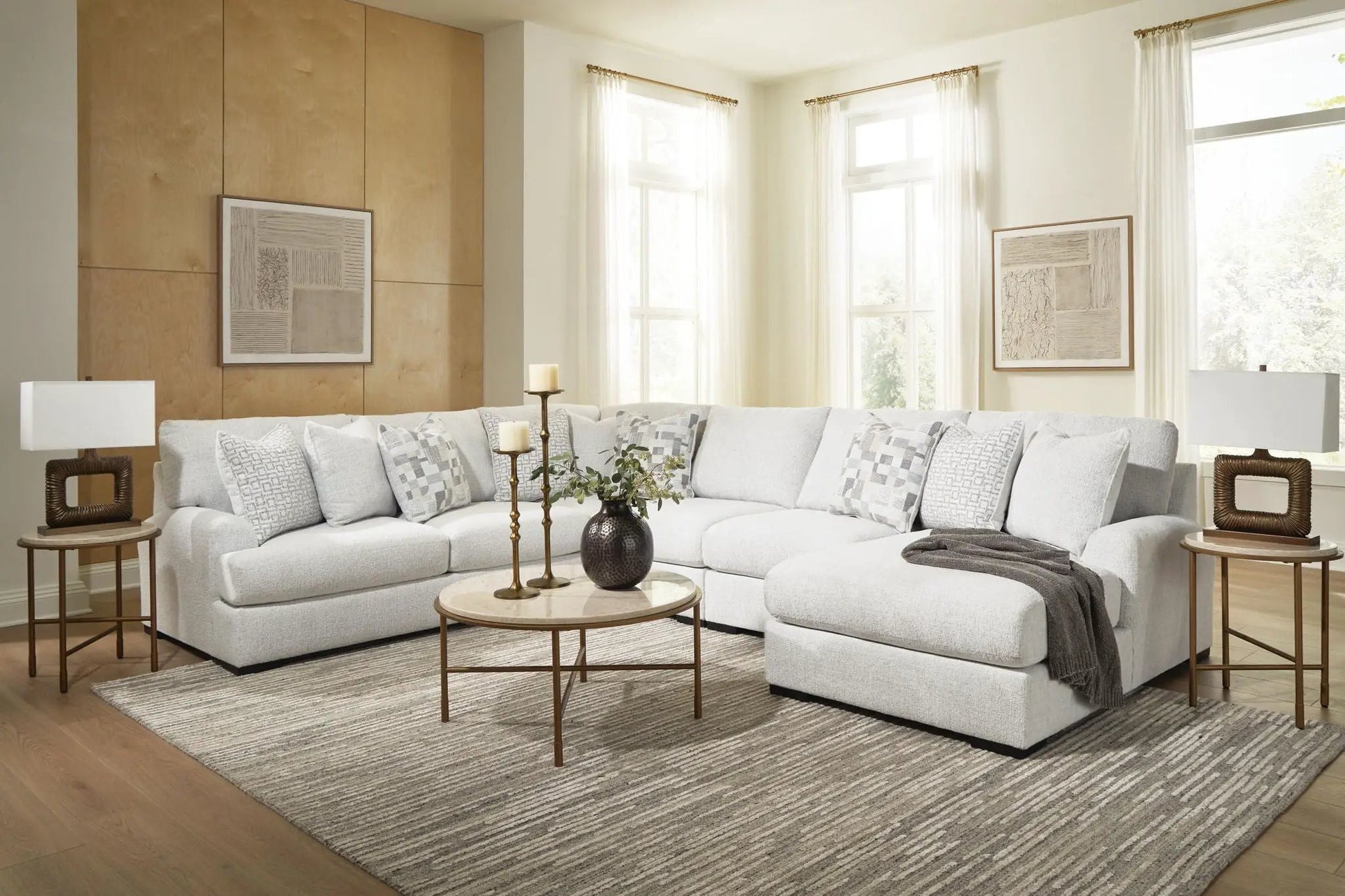 Misty-Lakes Sectional stationary sofa in light gray fabric by Unique Piece Furniture in a bright living room on Tampa Home & Garden Store