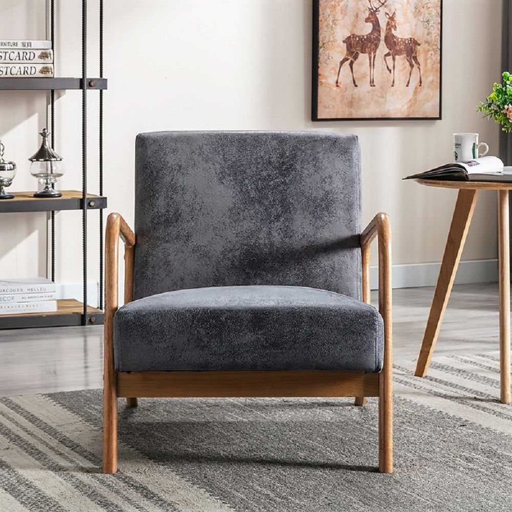 Classic mid-century modern accent arm chair with gray velvet cushion and open wooden frame on Tampa Home & Garden Store