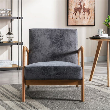 Classic mid-century modern accent arm chair with gray velvet cushion and open wooden frame on Tampa Home & Garden Store