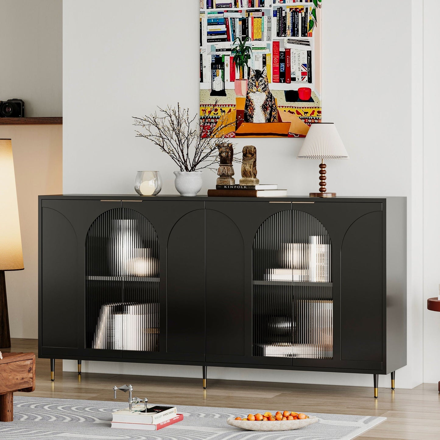 Wood Sideboard With Fluted Glass Doors and Legs