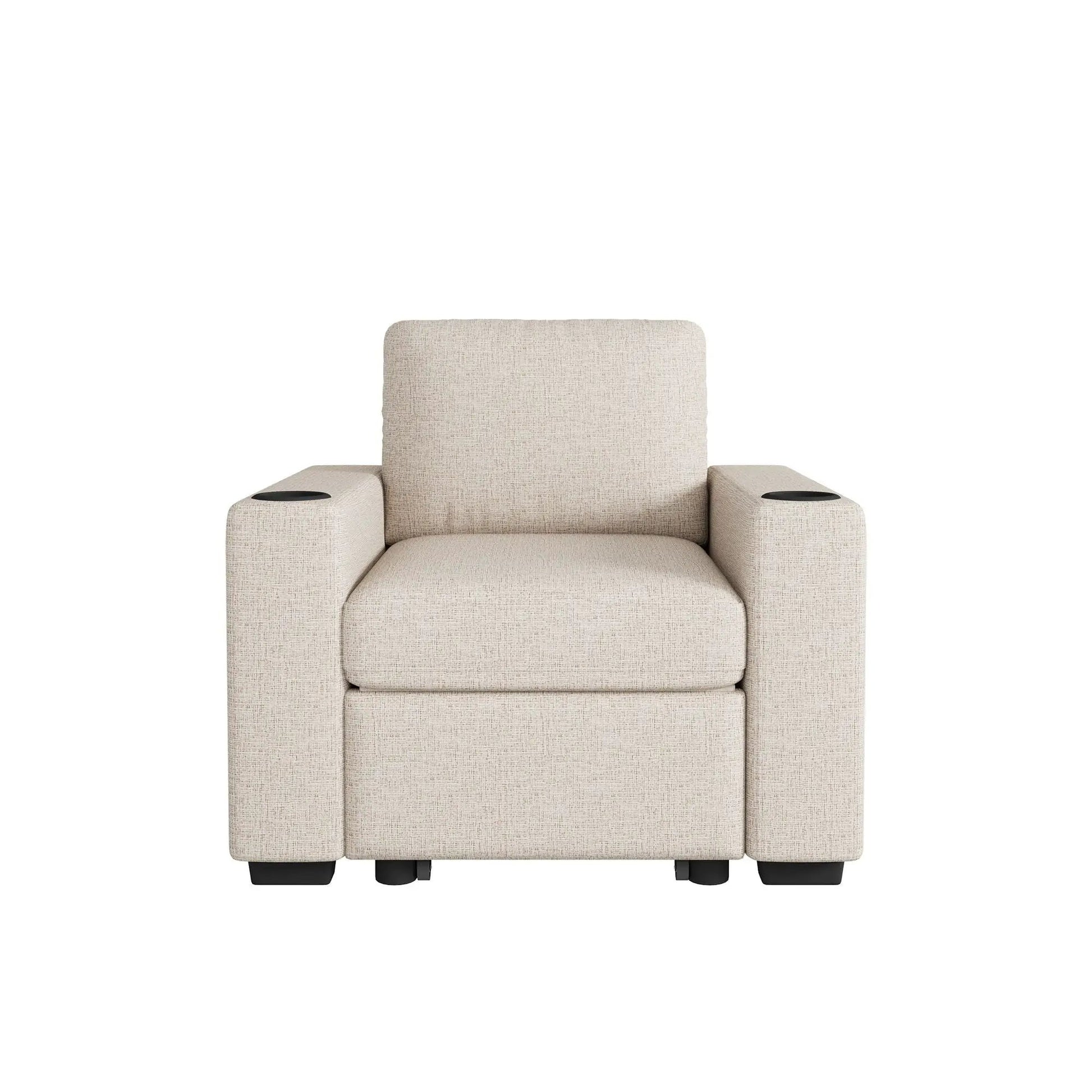 Single pull-out sofa bed sleeper chair beige fabric with USB ports and cup holders on Tampa Home & Garden Store