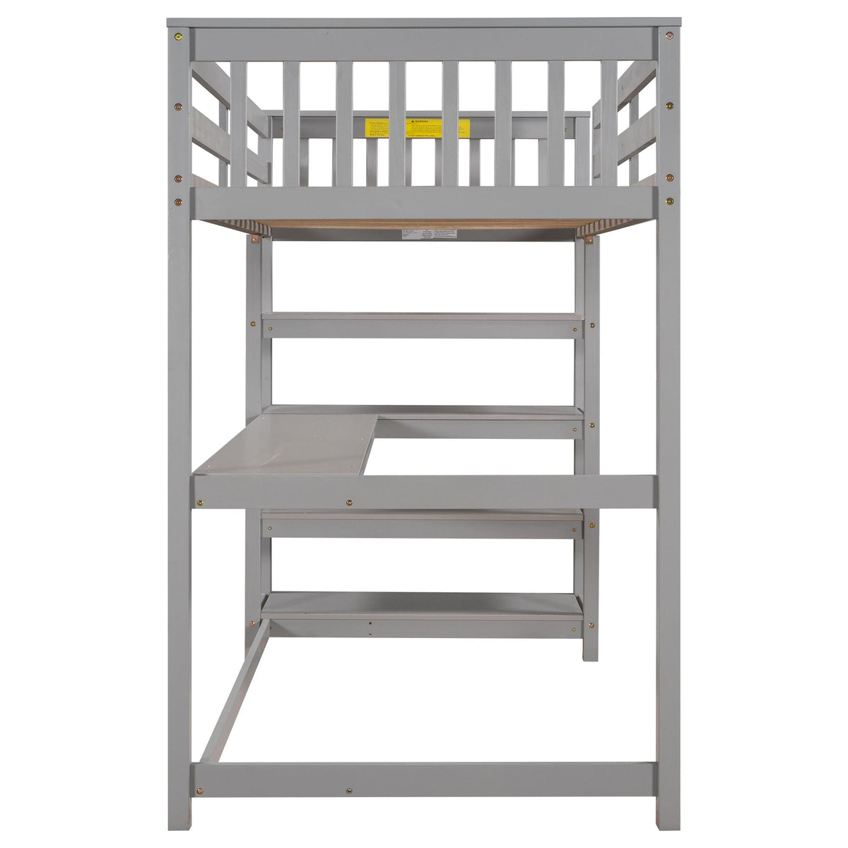 Gray loft bed with built-in storage shelves and under-bed desk, sturdy metal frame on Tampa Home & Garden Store
