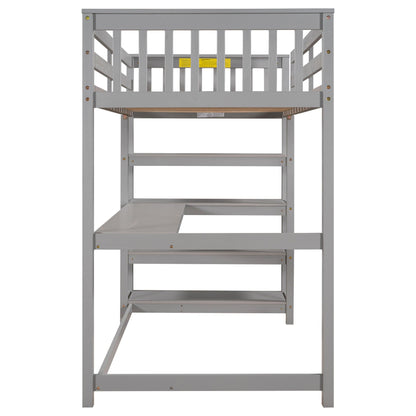 Gray loft bed with built-in storage shelves and under-bed desk, sturdy metal frame on Tampa Home & Garden Store