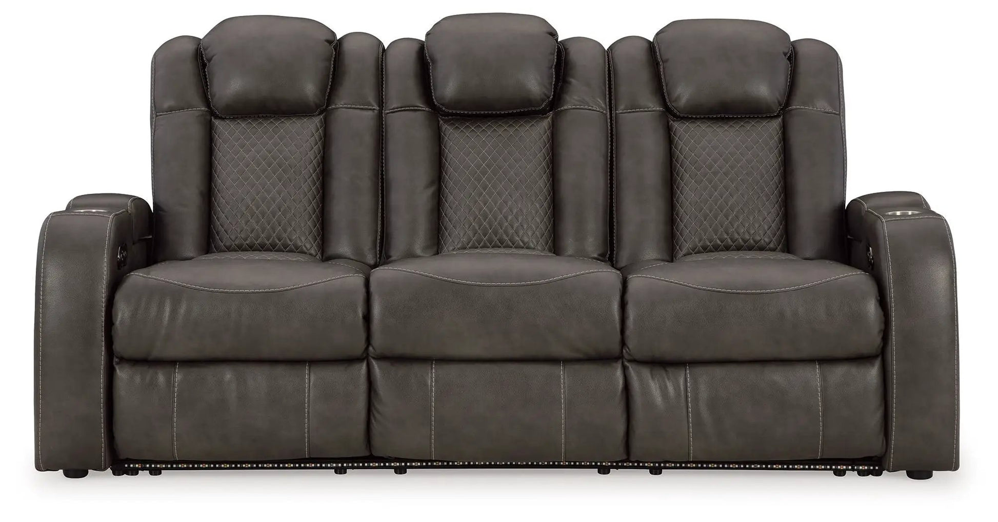 Fyne-dyme power reclining sofa with adj headrest in dark brown leather diamond-quilted back on Tampa Home & Garden Store