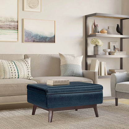 Owen Upholstered Rectangular Storage Ottoman, navy fabric, wooden legs on Tampa Home & Garden Store