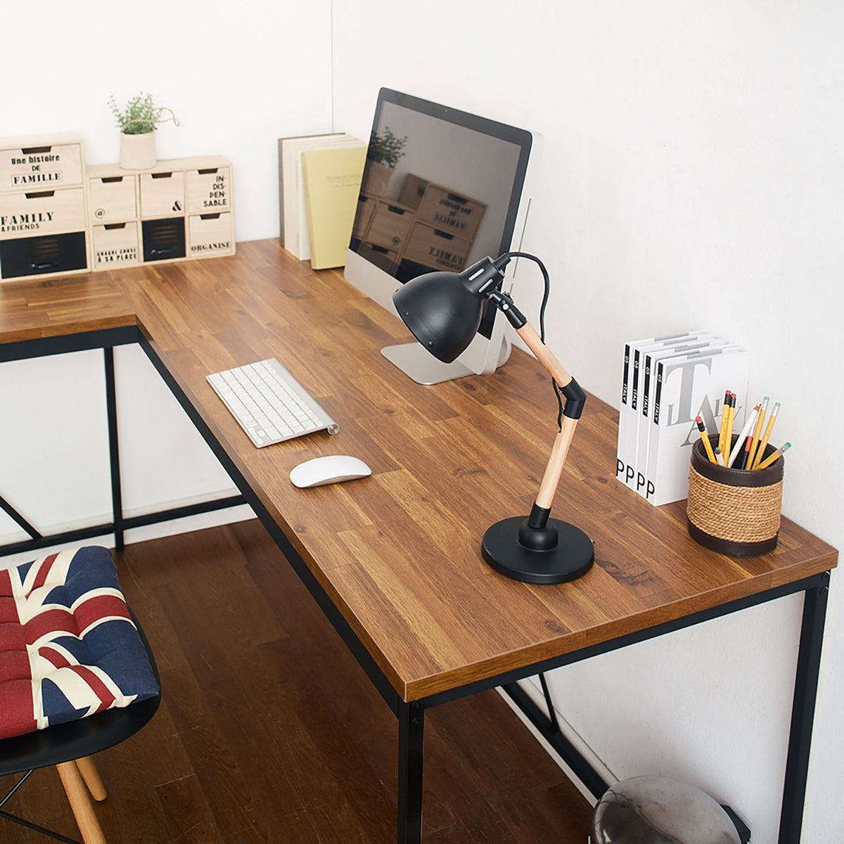 Olympus Corner Desk with eco-friendly board in warm brown wood top and black metal legs on Tampa Home & Garden Store