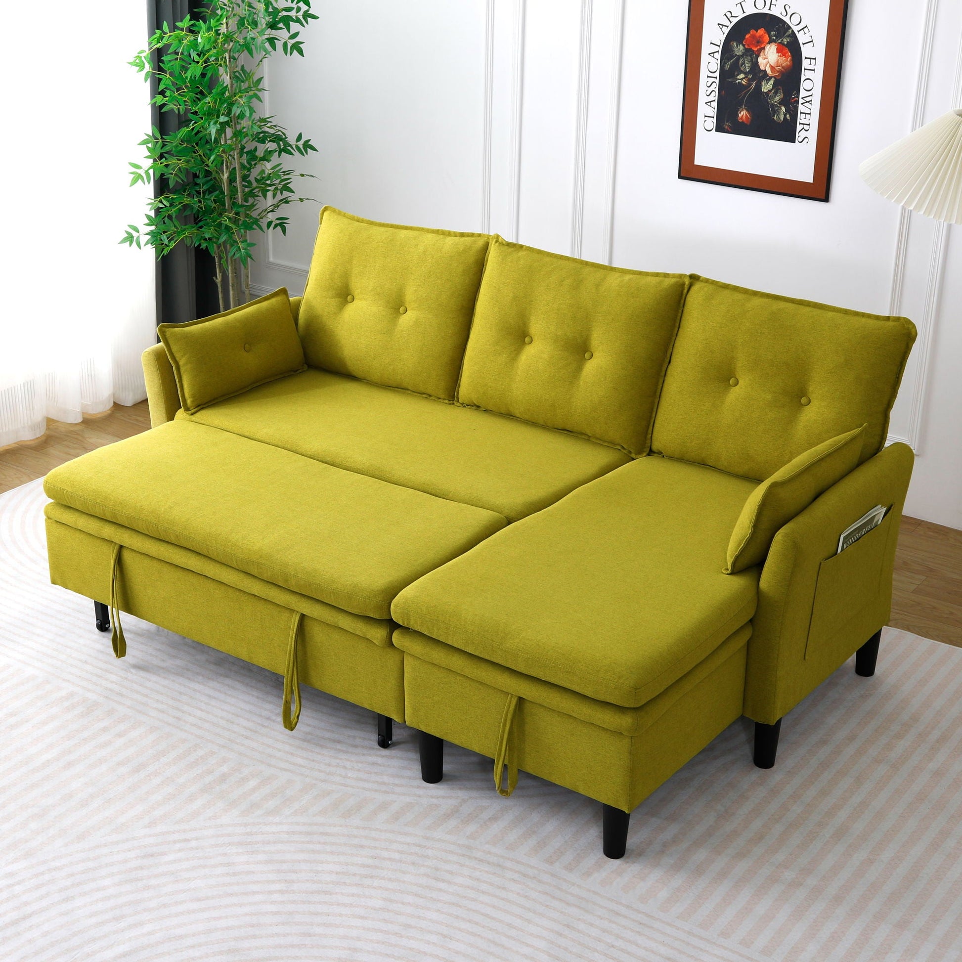 L-shaped reversible chaise sleeper sectional sofa with storage lime yellow fabric HouseOfZazla on Tampa Home & Garden Store