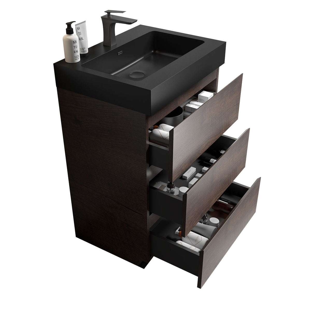 Alice vanity by HouseOfZazla with black countertop, one-piece sink and dark wood cabinet drawers on Tampa Home & Garden Store