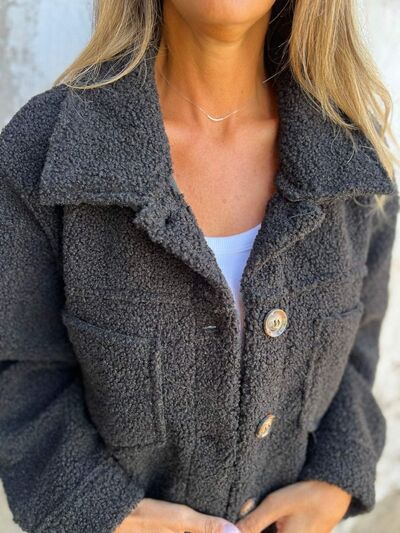 Comfortable Modern Women Fuzzy Button-Up Jacket with drop-shoulder pockets dark gray Stevvex on Tampa Home & Garden Store