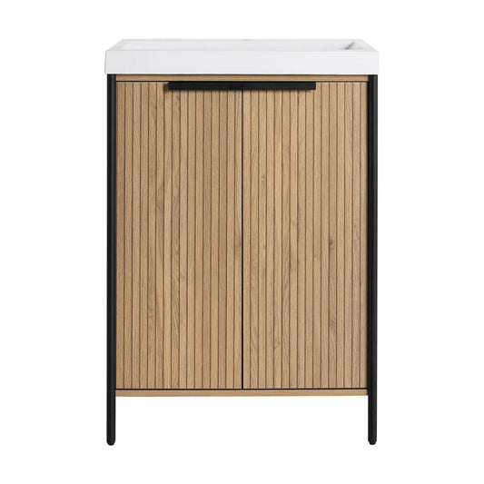 Modern freestanding bathroom vanity with resin sink, wood slat doors, black hardware on Tampa Home & Garden Store