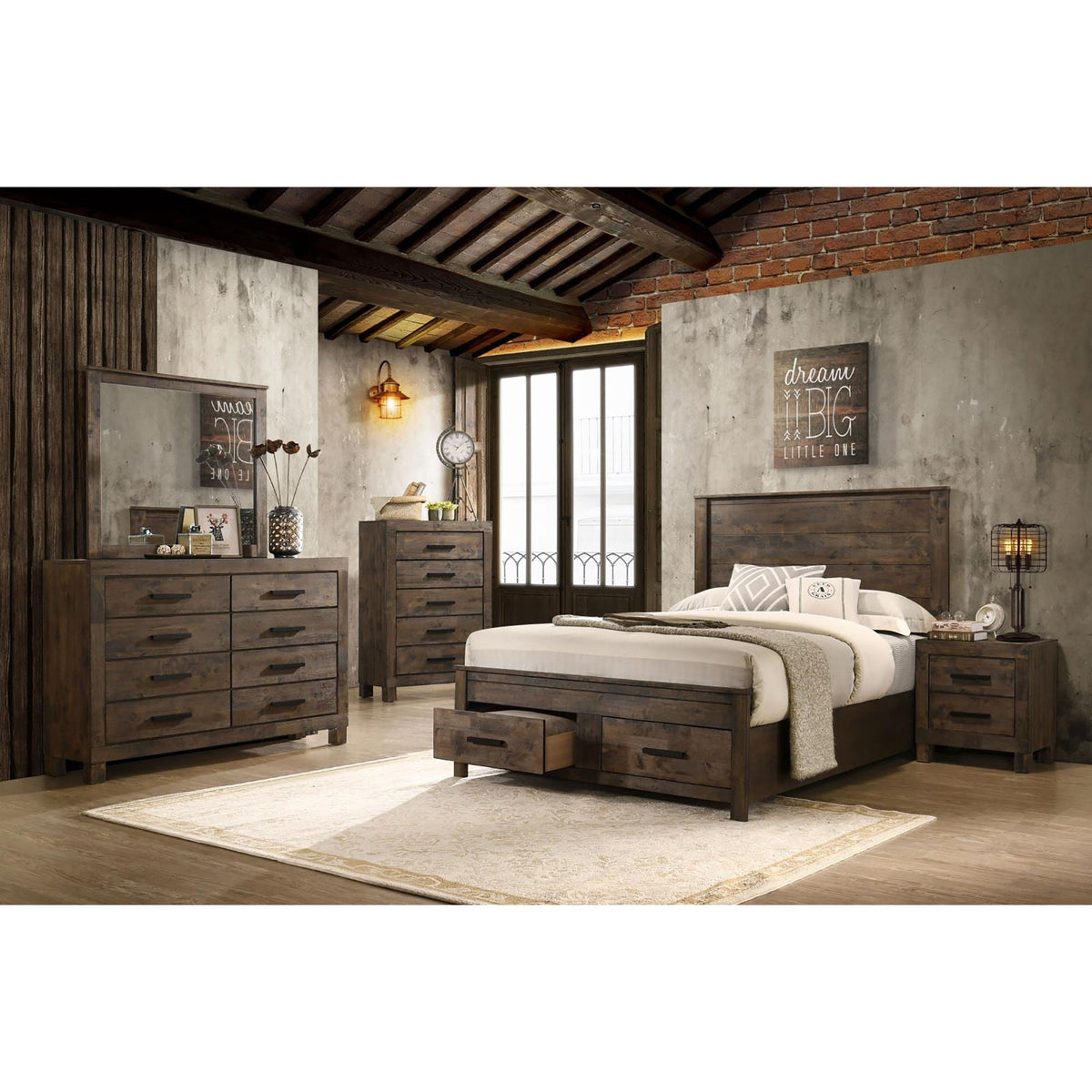 Queen storage platform bed in brown wood with under-bed drawers; matches dressers & nightstands on Tampa Home & Garden Store