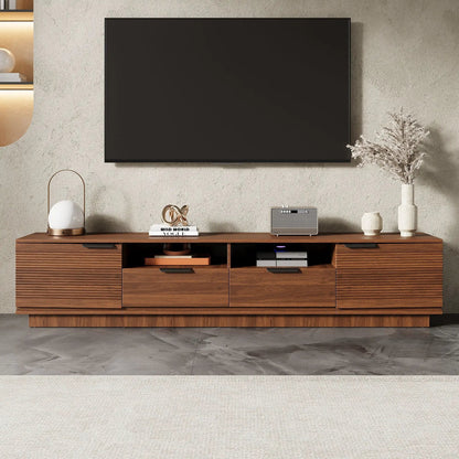TV stand in warm walnut wood with deep drawers and cable management under a wall-mounted TV on Tampa Home & Garden Store