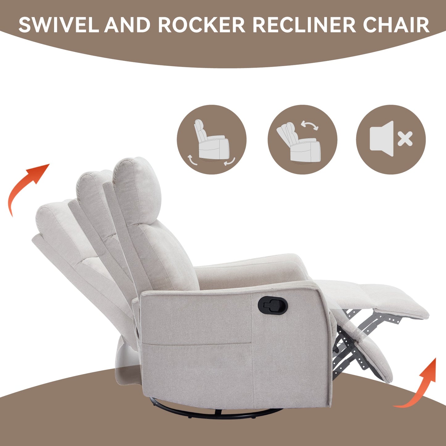 Heat Massage manual recliner chair with rocker and swivel in beige fabric, padded cushions on Tampa Home & Garden Store