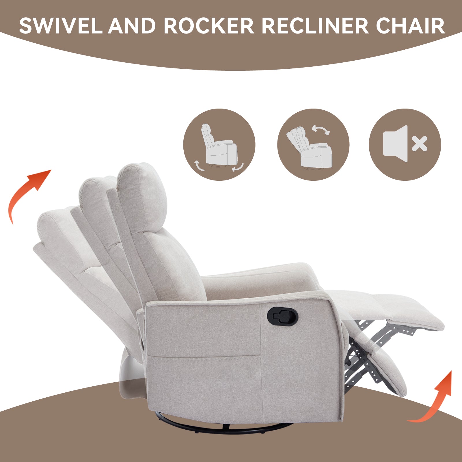 Heat Massage manual recliner chair with rocker and swivel in beige fabric, padded cushions on Tampa Home & Garden Store