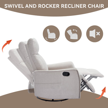 Heat Massage manual recliner chair with rocker and swivel in beige fabric, padded cushions on Tampa Home & Garden Store