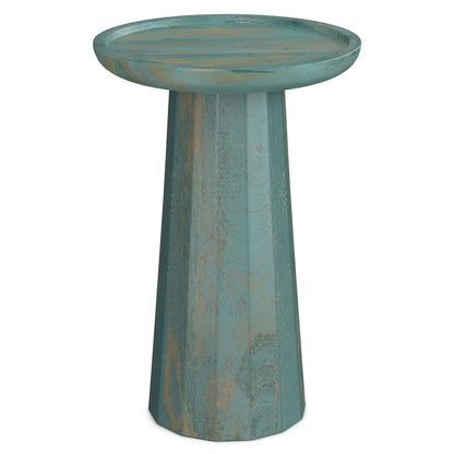 Dayton round teal distressed wooden accent table with pedestal base Unique Piece Furniture on Tampa Home & Garden Store