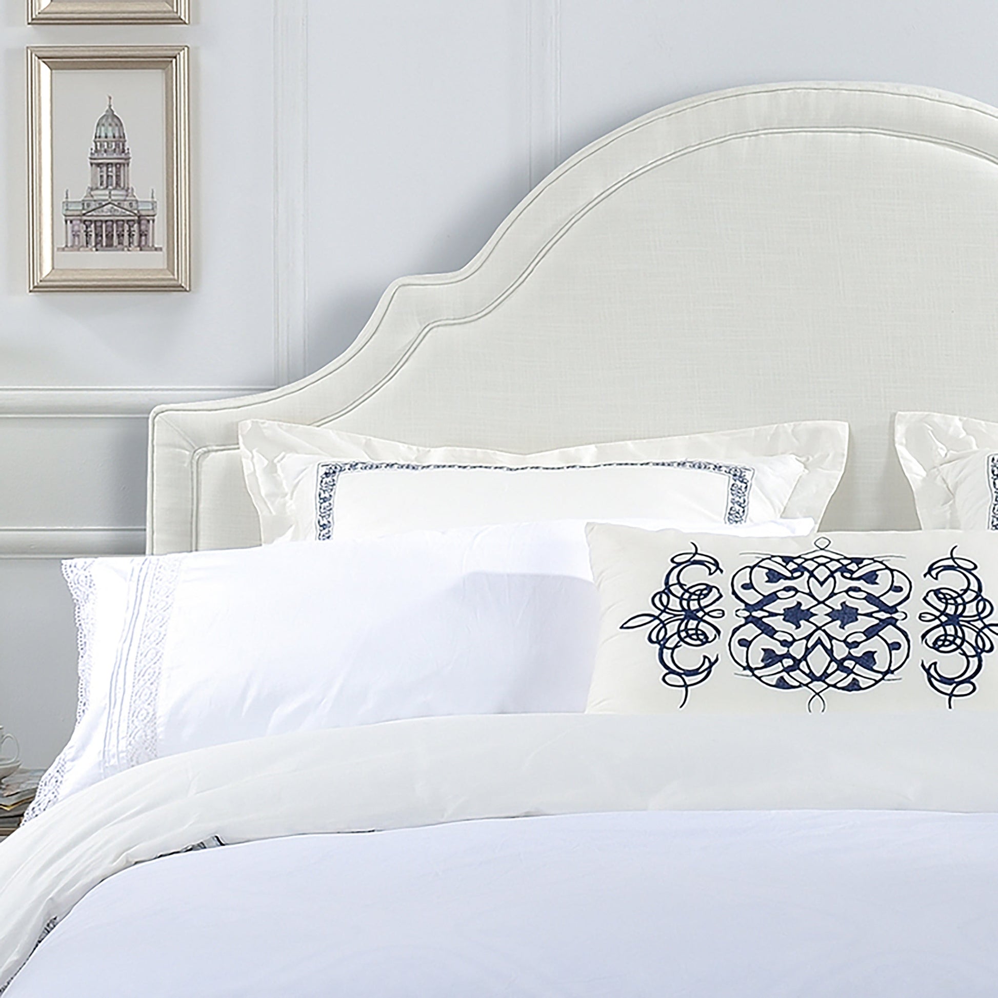Catherine Upholstered King Headboard antique white fabric on Tampa Home & Garden Store