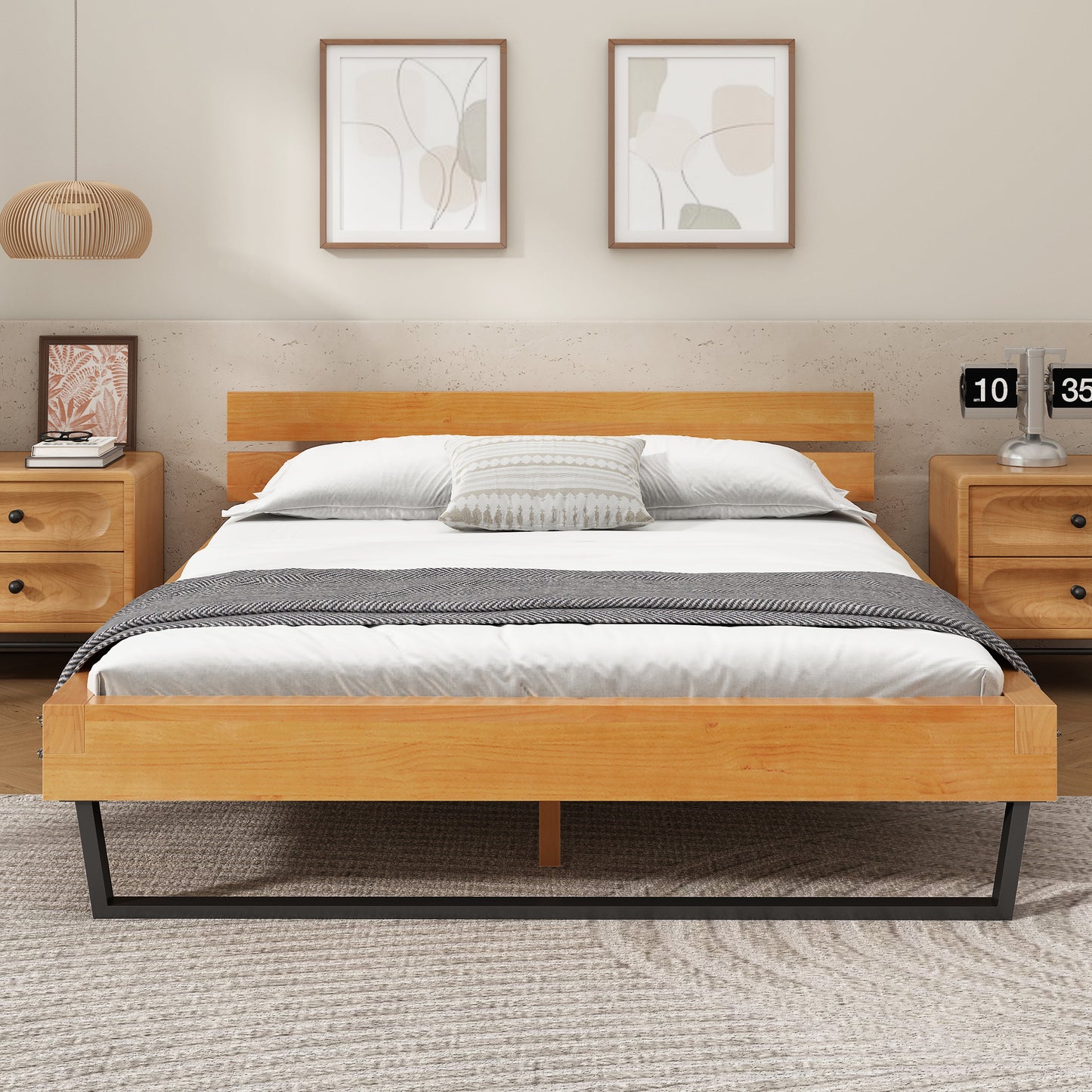 a Queen Pine Bed Frame and Black Iron Accents