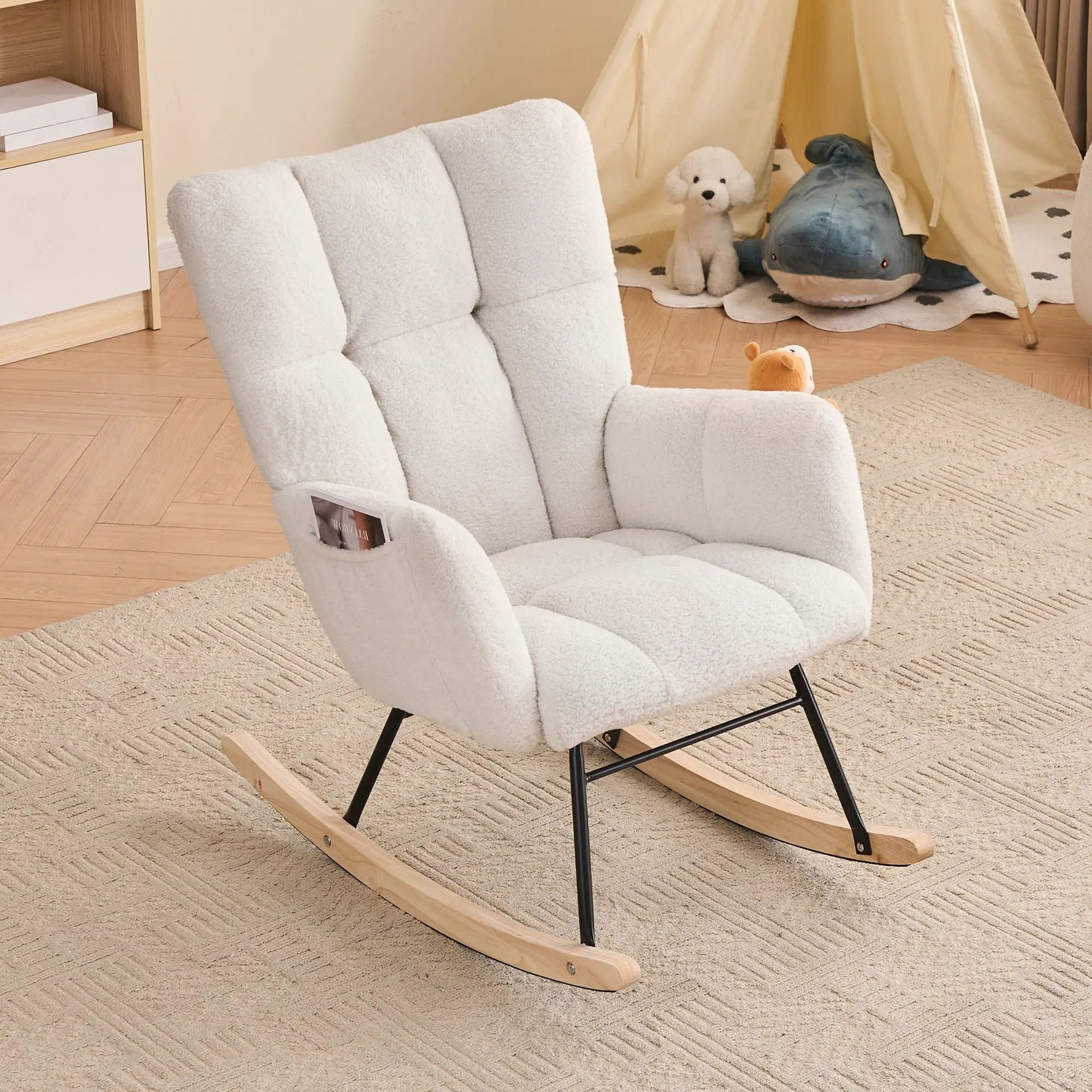 Teddy fabric rocking chair ivory with wooden rockers for nursery on Tampa Home & Garden Store
