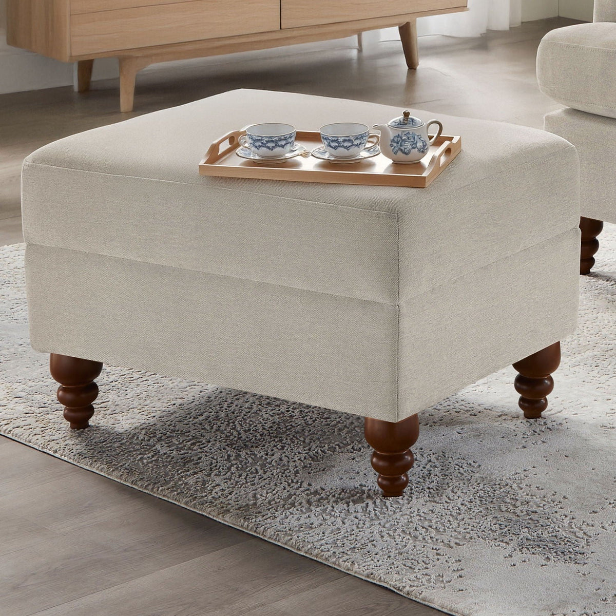 Beige gray upholstered ottoman footrest with solid wood turned legs by HouseOfZazla on Tampa Home & Garden Store