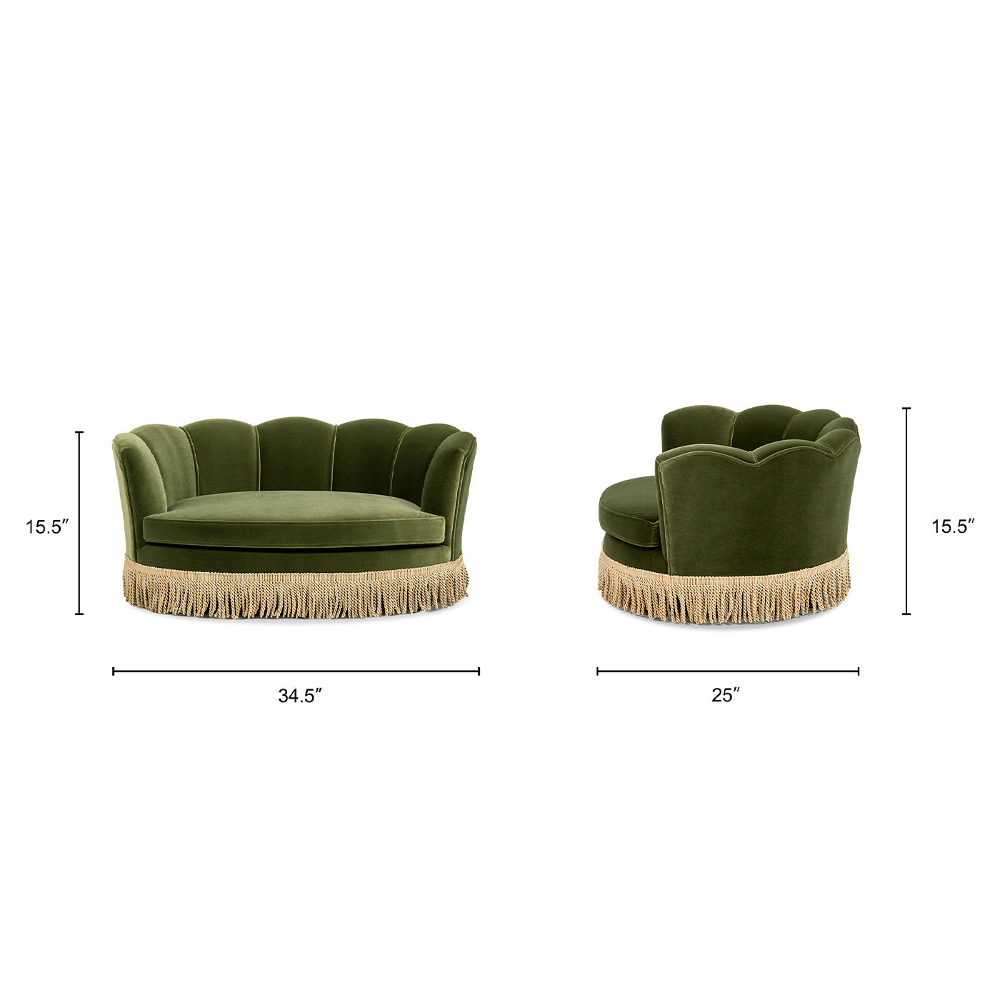 Clara 34.5in Scalloped Olive Pet Sofa Bed by HouseOfZazla, velvet with fringe trim, set of 2 on Tampa Home & Garden Store