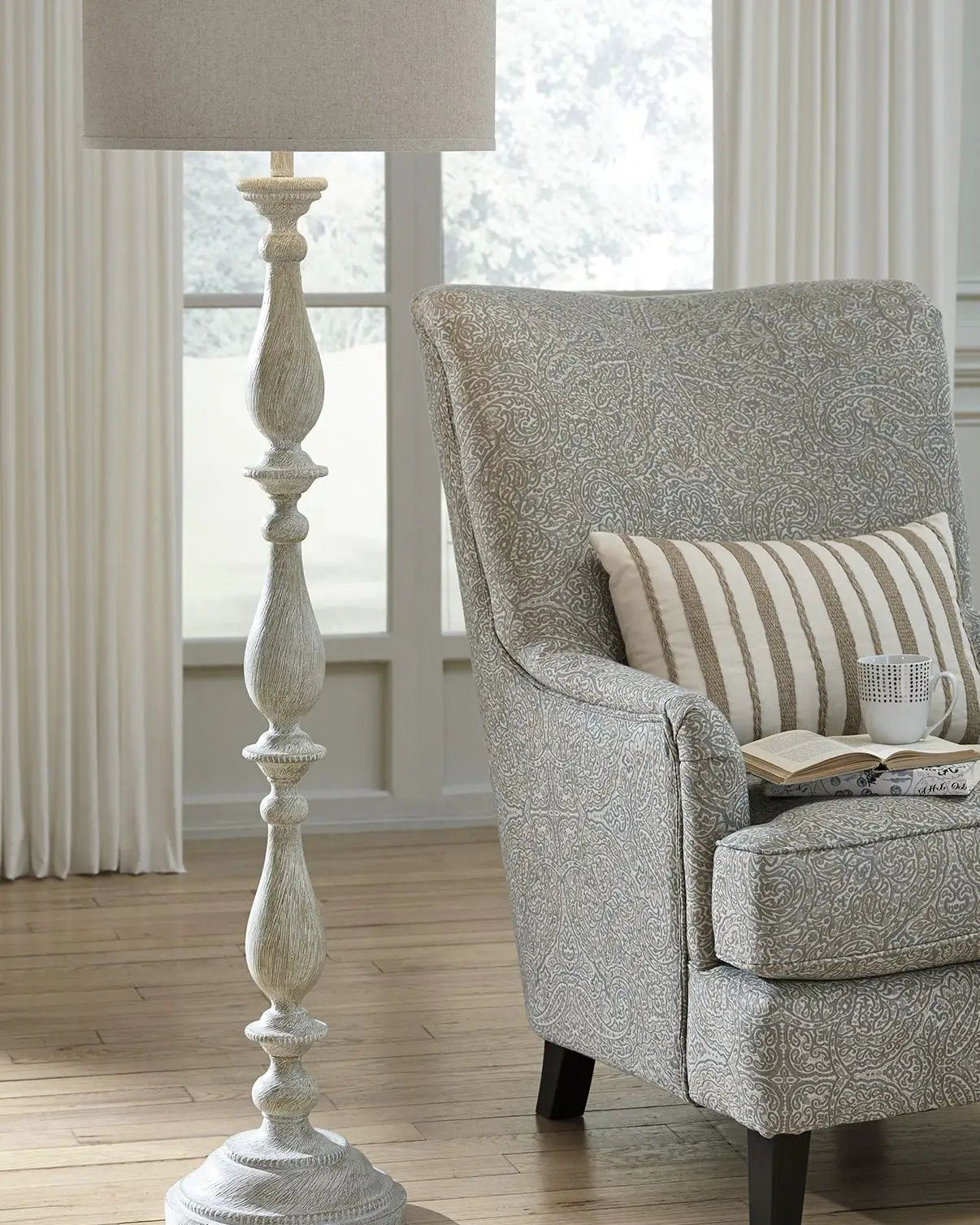 Bernadate Poly Floor Lamp whitewash with ornate turned base and beige drum shade on Tampa Home & Garden Store