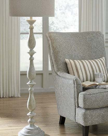 Bernadate Poly Floor Lamp whitewash with ornate turned base and beige drum shade on Tampa Home & Garden Store