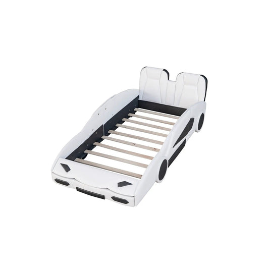 Twin Size Race Car Platform Bed with Wheels in white, wood slat bed frame on Tampa Home & Garden Store